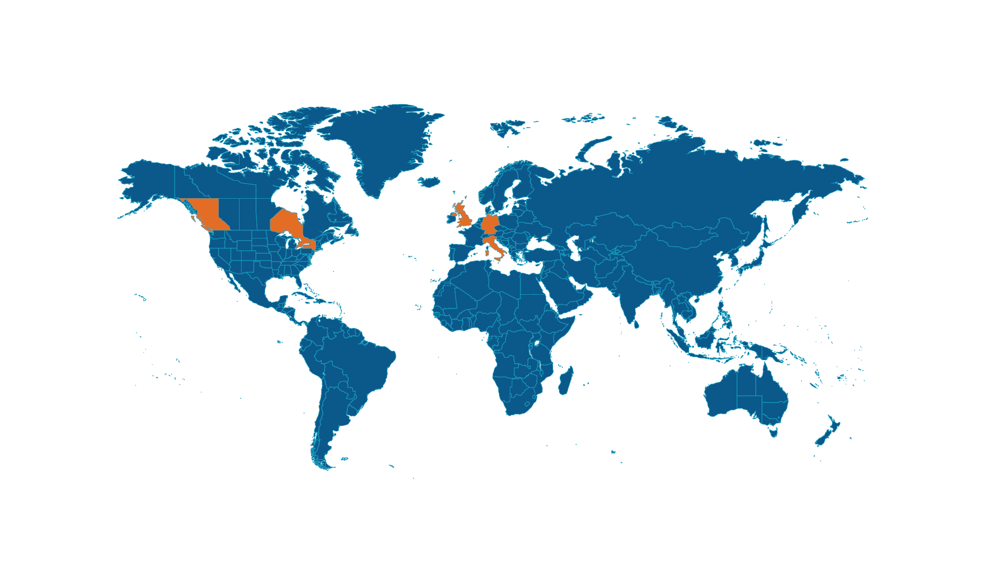 A world map in blue with Ontario, British Columbia, Italy, Netherlands and the UK in orange indicating their partnership with COIL.