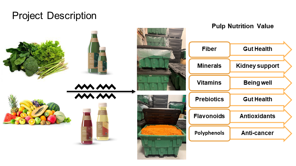Details on project description showing an assortment of fruits and vegetables converted to juice and then an arrow showing large vats of pulp along with details of pulp nutritional value, including Fiber for Gut Health, Minerals for kidney support, vitamins for being well, prebiotics and gut health, flavonoids for antioxidants and polyphenols for anti-cancer