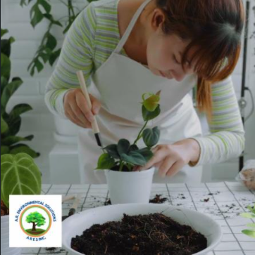 Woman putting a plant in a pot and ARES logo on the bottom left corner