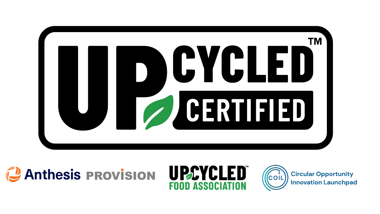 Upcycled Certified logo with logos of Anthesis Provision, Upcycled Food Association and COIL